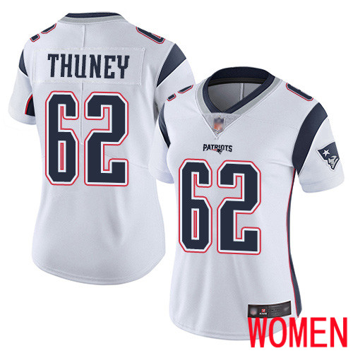 New England Patriots Football #62 Vapor Untouchable Limited White Women Joe Thuney Road NFL Jersey